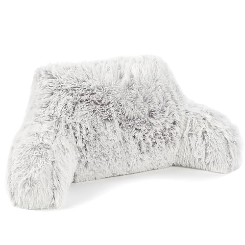 Downland Huggleland Long Hair Cuddle Cushion - Soft Reading Pillow with Arms for Adults, Backrest Support Pillow for Bed, Chair & Armchair Reading Cushion (Grey) - 45H x 39D x 59W cm