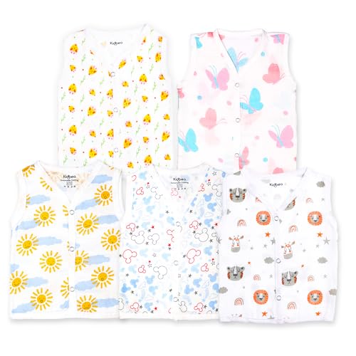 Image of Kidbea 100% Organic Cotton Muslin Jabla For Baby Boys | Summer Wear Jabala | Sleeveless Vest | Assorted Pack of 5 with Colors & Size 9-12M
