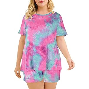 Celkuser Plus Size Pajamas Set for Women 2-Piece Short Sleeve Sleepwear Soft Loungewear PJs with Pockets 1x-5x Green-pink 3X-Large Plus