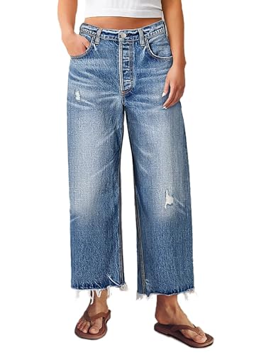 Flamingals Wide Leg Cropped Jeans for Women Trendy Mid Rise Ripped Raw Hem Wash Baggy Casual Ankle Denim Pants