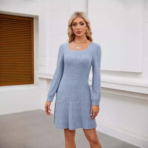 Womens Square Neck Long Sleeve Fall Dresses Casual Babydoll Sweater Dress, Short Dresses with Pockets2