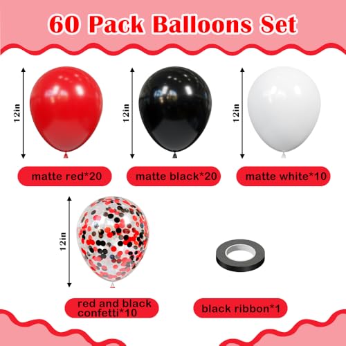 Image of Red and Black Balloons, 60Pcs Red Black and White Balloons | 12in Latex Balloon for Birthday, Wedding, Graduation Party Decorations