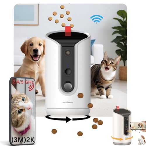 PARINNOV Caméra Surveillance Animaux Interieur [sans ABONNEMENT] 3MP Vue a Distance 360°, Distributeur de Croquettes et Friandises Via App, WiFi, Nocturne, Caméra Chien/Chat, Detection Aboiement