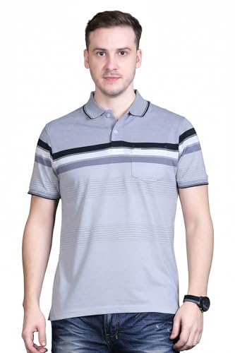 Image of GODFREY Striped Tshirt Shirts Men Cotton Polo T Shirt for Man with Pocket - Regular Fit Half Sleeve Collar T Shirts for Men