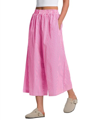 Image of LOMON Womens Wide Leg Capri Pants Gingham Plaid Culottes Summer Elastic Waist Palazzo Trousers Bottoms with Pockets