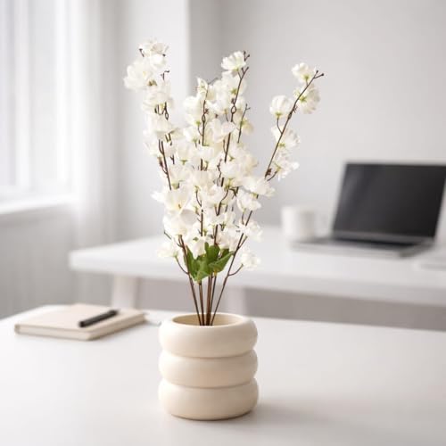 Image of Artificial White Flower Stems in Modern Ceramic-Style Pot Faux Blossom Arrangement for Home Decor, Living Room, Bedroom, Office Desk, Table Centerpiece & Interior Decoration