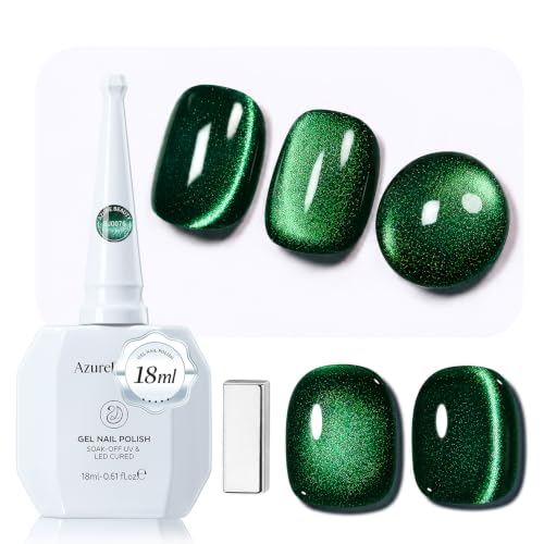 Image of AZUREBEAUTY 18ML Green Cat Eye Magnetic Gel Nail Polish | Green Glitter Gel Polish Magnetic Shimmer Effect Soak Off UV French Nail Art Design Salon DIY Manicure Gift for Women