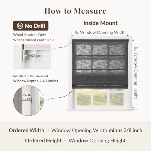 Image of TWOPAGES Liz No Drill Cordless Roman Shades Linen Textured Roman Blinds for Windows, Custom Made Room Darkening Blackout Roman Window Shades, Hardware Included, Carbon Grey, 1 Piece