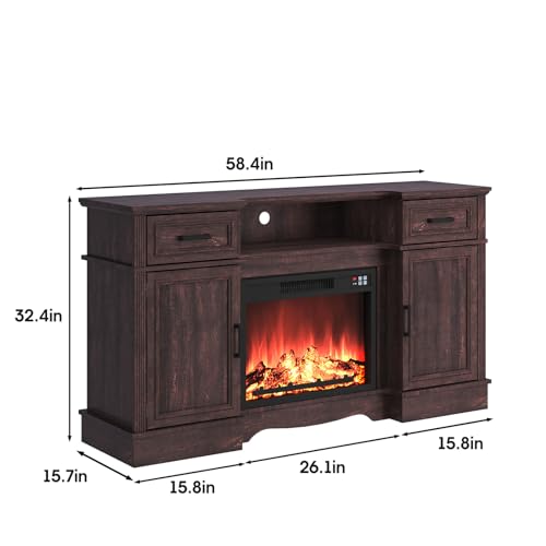 Maupvit Fireplace TV Stand for up to 65 inch TV, Entertainment Center with 23\" Fireplace, Farmhouse TV Stands with Electric Fireplace, 2 Storage Cabinets, 2 Drawers for Living Room,Brown - Thumbnail 2