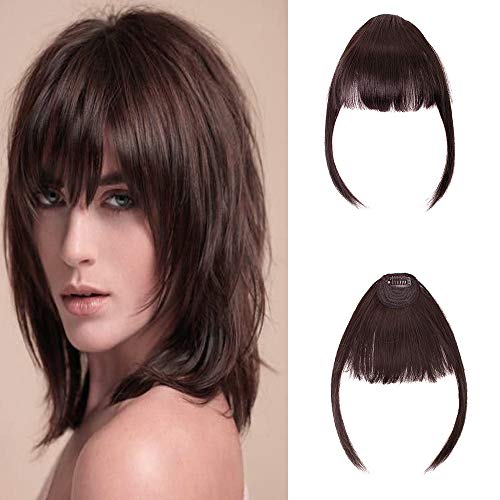 Clip in Bangs Hair Extensions Fringe Front Neat Bangs Hair Piece Clip on Fringe Bangs with nice net Natural Flat neat Bangs with Temples for women One Piece Hairpiece for Daily Wear（Color：Dark Brown)
