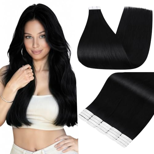 Image of Full Shine Human Hair Extensions Tape in, Jet Black 20 Inch | 100g 40PCS, Invisible Double Sided Tape Ins Human Hair Extensions Lived-In Color Seamless Blending for Party