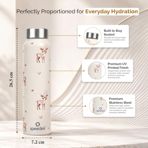 Image of Speedex Stainless Steel Printed Water Bottle 1 Ltr 1000 ml, BIS Approved, Leak Proof Screw Cap Bottle for Office, School, Travel, Daily Use for Men, Women, Kids, Adults, Baby Deer, Set of 2