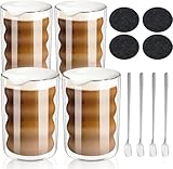 Latte Macchiato Gläser, 4er Set Doppelwandig 350ml,Thermoglas aus Borosilikatglas, Spiralförmig Espressotassen Kaffeebecher Trinkgläser Capuccino-tassen Eisbecher, 4 Löffel + 4 Untersetzer