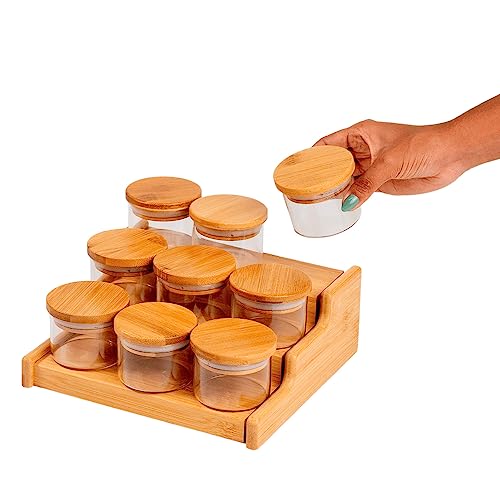 Oikos - Kit 9 Potes de Vidro 110ml com Tampa de Bambu Hermético e Rack Organizador