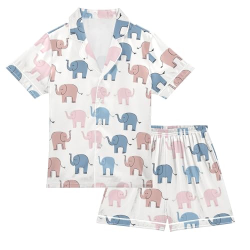 Colorful Cute Elephant Summer Satin Pajama Set, Cute Button-Down Sleepwear Pj Set for Sleep Wears