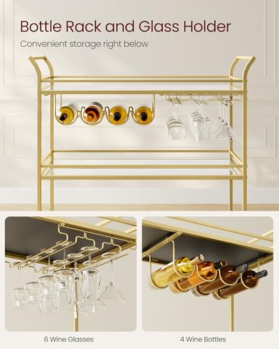 Image of VASAGLE Bar Cart Gold, Large Home Bar Serving Cart with 3-Tier