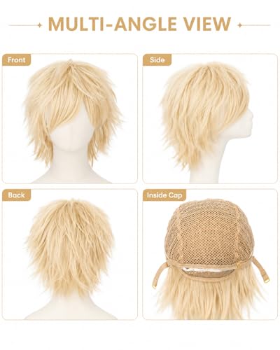 Image of Rose bud Anime Halloween Platinum Blonde Wig for Cosplay Party Synthetic Layered Short Hair Wigs with Bangs Pastel Funny Wigs for Women Men