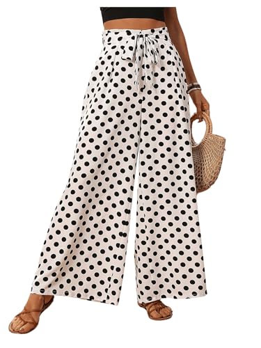 GORGLITTER Women's Polka Dots Wide Leg Belted Pants Elastic Waist Vacation Summer Beach Trousers