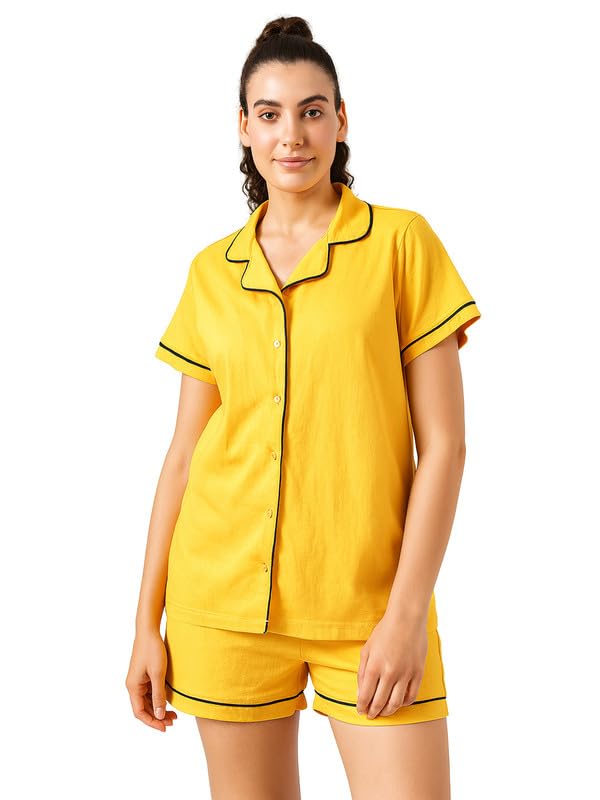 Women's Cotton Button Down Shirt & Shorts Night Suit Set