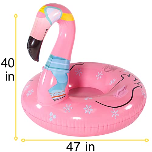 Parentswell Flamingo Snow Tube Sled, 47" Giant Inflatable Snow Sleds With Handles, Double-Layer Heavy Duty Snow Tubes Winter Toys For Kids Adults #TOP5