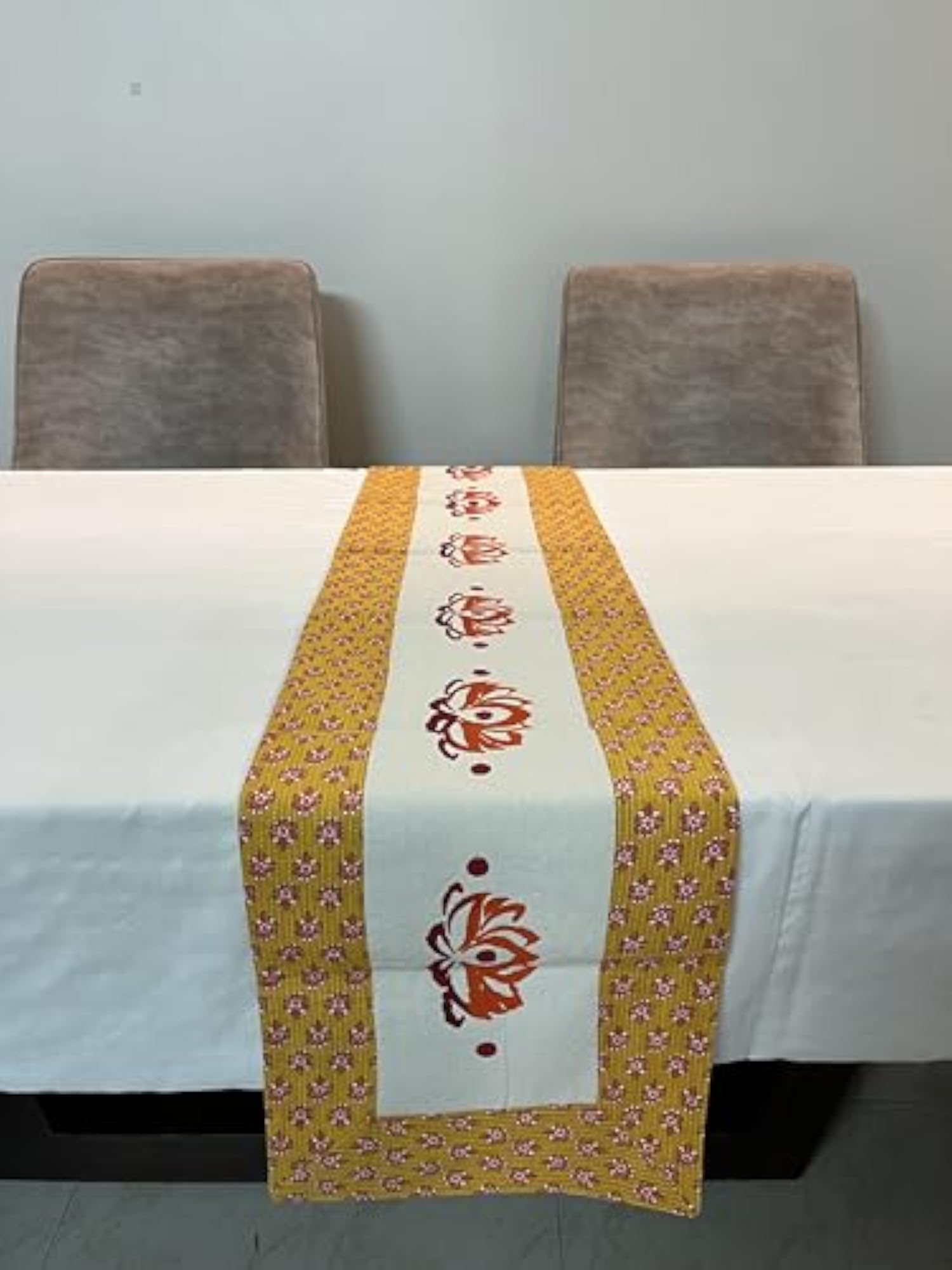 Handpainted Set of 6 Dining Mats with Runner, Orange