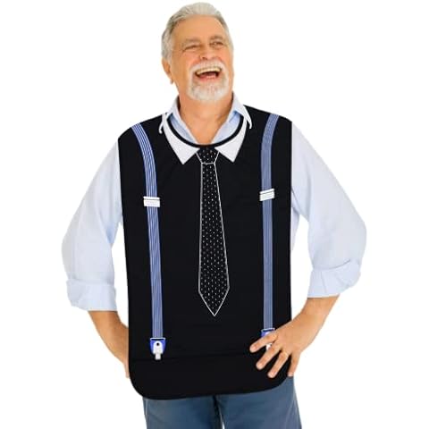 Modaliv Adult Bib for Men - Embroidered Waterproof Clothing Protector with Crumb Catcher - Reusable - Machine Washable (Tie and Suspenders) Cover