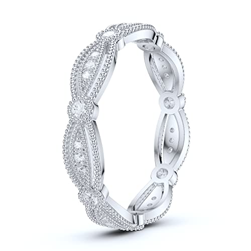 10K White Gold Fancy Marquise Shape Milgrain Simulated Round Brilliant Diamond or Genuine Moissanite Ring Wedding Band4