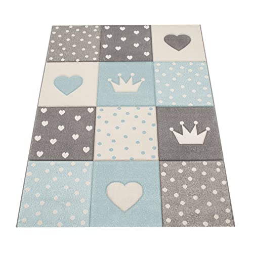 Vloerkleed Kinderkamer Geruit Stippen Harten Sterren In Pastelblauw Grijs, Maat:240x340 cm - Afbeelding 6