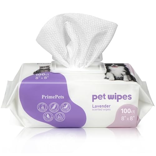 PrimePets Feuchttücher Hund 100 Stück, Pflegetücher Hund 20 x 20 cm, Lavendelduft, Katzen Feuchttücher zur Reinigung von Haut, Ohren, Augen, Po und Zähne