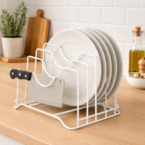 Image of Dish Rack Organizer for Kitchen - 4-Compartment Countertop Dish Drying Rack, Space-Saving Black Iron Dish Drainer Rack, Compact L-9 x W-7 x H-8.5 Inches
