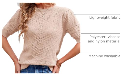 Image of Womens Puff Short Sleeve Sweater Summer Crew Neck Ribbed Knit Pullover Tops