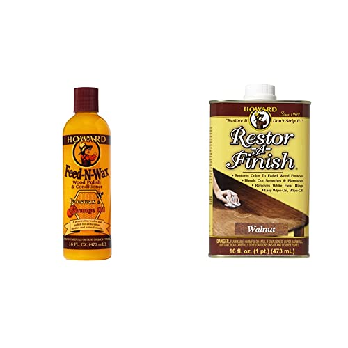 Howard Products FW0016 Wood Polish & Conditioner, 16 oz, Orange, 16 Fl Oz and RF4016 RF3016 Restor-A-Finish, 16 oz, Walnut, 16 Fl Oz