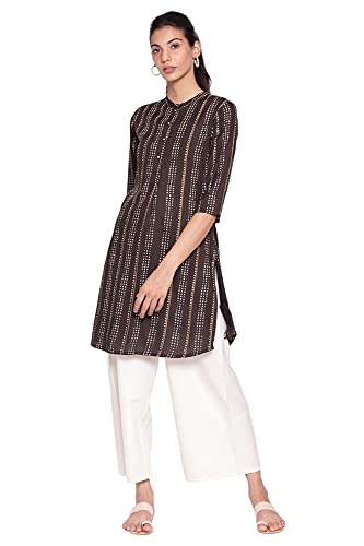 Image of W for Woman Black Mandarin Collar Striped A-line Kurta