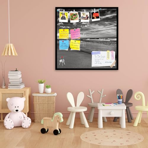 Image of ArtzFolio Sea, Air, & Land Monochrome Contrast | Bulletin Board Notice Pin Board | Vision Soft Board Combo with Thumb Push Pins & Sticky Notes | Black Frame | 28 x 28 inch (71 x 71 cms)