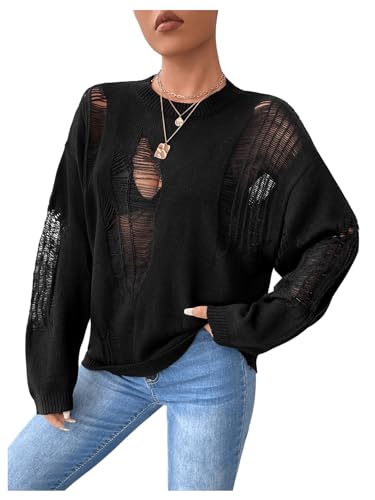 GORGLITTER Women's Gothic Top Distressed Sweater Ripped Drop Shoulder Sweater Long Sleeve Round Neck Pullovers Top3