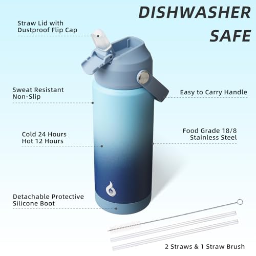 Image of BJPKPK Insulated Water Bottle with Straw Lid, 18oz Thermo Water Bottles with Soft Nozzle, Flex Handle & Non-slip Boot, BPA Free Leak Proof Stainless Steel Metal Thermo, Tumblers, Cups,Sky