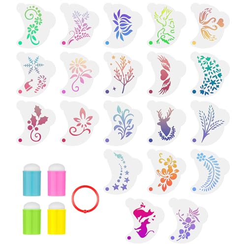 URAQT Palmilha de pinturas rosto, 20 modelos para pintura facial para crianças adulto, palmilhas de tatuagem de Natal com 4 dedos de esponja para Halloween festas de carnaval Natal