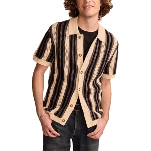 Men’S Slim Fit Hollow Out Striped Knitted Polo Cardigan Short Sleeve Button-Down Retro Streetwear Top