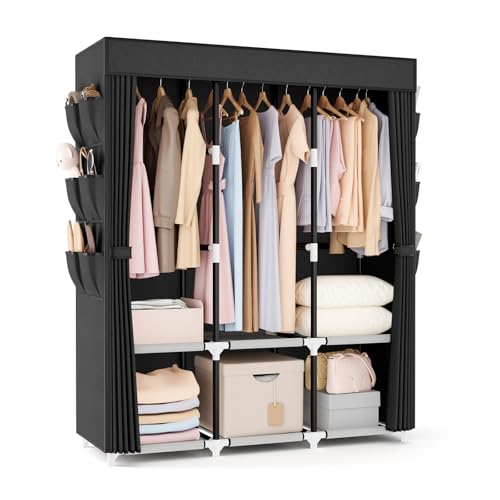 Vicye Armoire en Tissu, Wardrobe Armoire Chambre avec 3 tiges de Suspension, 6 étagères de Rangement et Poches latérales, Tube métal de 19 mm, Dressing...