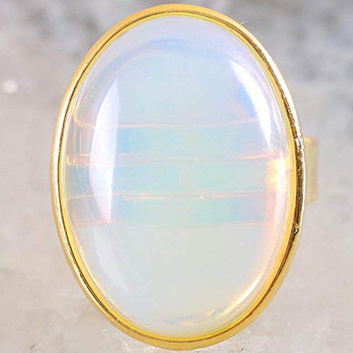 Bagues réglables, bague en opale blanche naturelle dorée ovale simple incrustation bague ouverte pour femme réglable 7 Chakra Reiki pierres précieuses bagues bague d'éternité pour femme fille garçon Cover