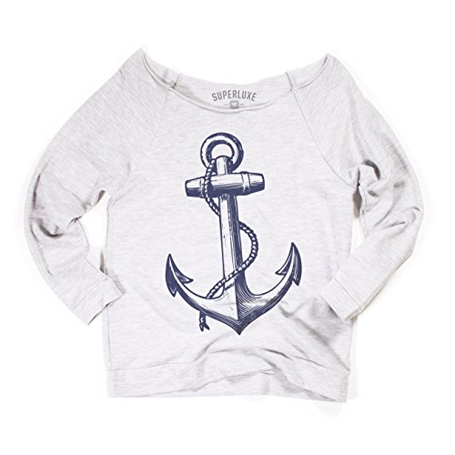 Superluxe™ Womens Vintage Anchor Nautical Sailing Summer Off Shoulder Top, Small, Heather Grey