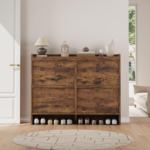 GarveeHome Shoe Cabinet with 4 Flip Drawers, Wooden Shoe Organizer Cabinet with Adjustable Shelf, Shoe Storage for Entryway, Hidden Shoe Cabinet for Hallway, Living Room, Rustic Brown