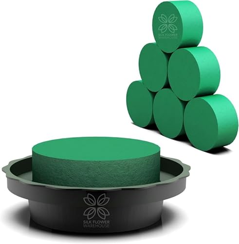 Silk Flower Warehouse 6x Wet Floral Foam cylinders with Trays - Florist floral craft Foam Bricks, Flower arranging foam for Wedding, Party & Funeral centerpieces & arrangements - DIY Craft Supplies