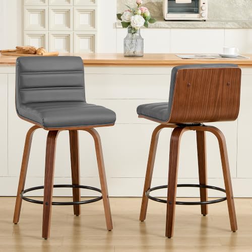 Image of Swivel Bar Stools Set of 2,26 inch Faux Leather Counter Height Barstools with Back,Mid Century Modern Upholstered Bar Chairs with Bentwood Legs Island Stools for Kitchen Counter Darkgrey