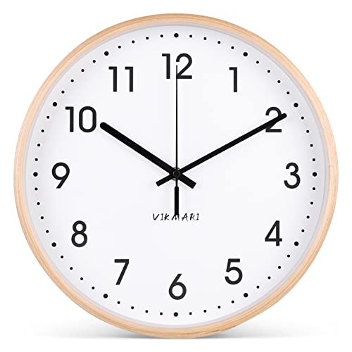 壁掛け時計 木製 ウッド フレーム 掛け時計 木枠 天然木 円形 静音 ナチュラル 壁掛け 時計 曲げ木 連続秒針 クロック シンプル おしゃれ VIKMARI（12インチ ホワイト）