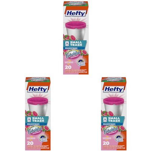 Image of Hefty Small Trash Bags, 4 Gallon, Pink, Fabuloso Watermelon Scented Garbage Bags with Drawstring Closure, 20 Bags (Pack of 3)