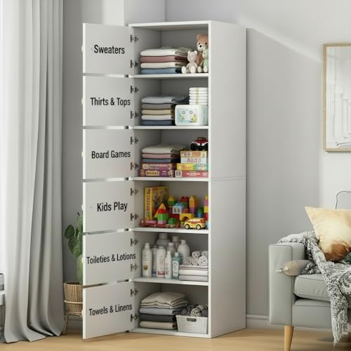 Image of EXVITO Engineered Wood Wardrobe for Bedroom | Foldable 6-Shelf Wooden Storage Cabinet | Cupboard Almirah for Clothes | Collapsible Wardrobe | Space Saving Wooden Cabinet - White