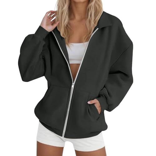 Sudadera para mujer, sin capucha, algodón, chaqueta para mujer, color liso, sudaderas, cuello alto, sudadera con cremallera, para primavera, otoño y algodón y lino, Dark Gray, L