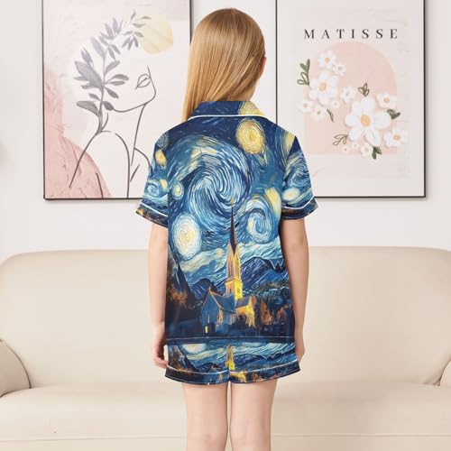 ALAZA Starry Sky House Van Gogh Satin Pajamas Set Short Sleeve Button Down Sleepwear Summer Pjs 2 Piece4