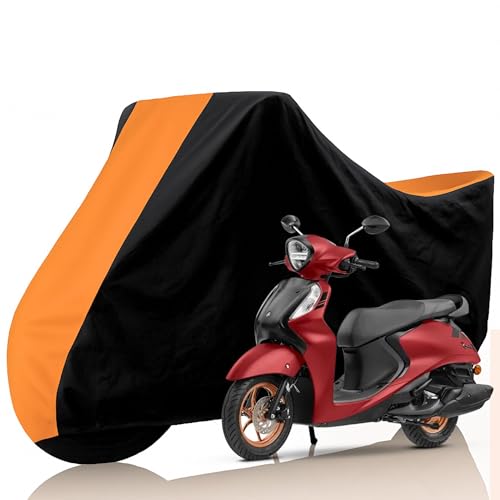 Image of All Weather Protection Two Wheeler Cover for Yamaha Fascino 125, Scooter & Scooty | Anti Dust, 100% Water Resistance, Heat Resistant, UV Proof - Triple Stitched | (Black Top Orange)